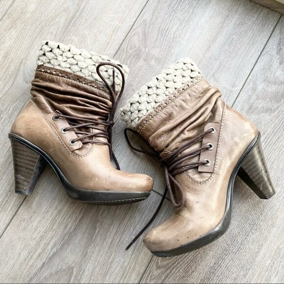 Vintage No Pulse Knit Cuff Lace Up Leather  Boots - Picture 6 of 14